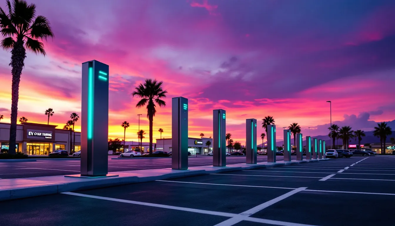 Commercial EV charging pedestals in a parking lot at dusk