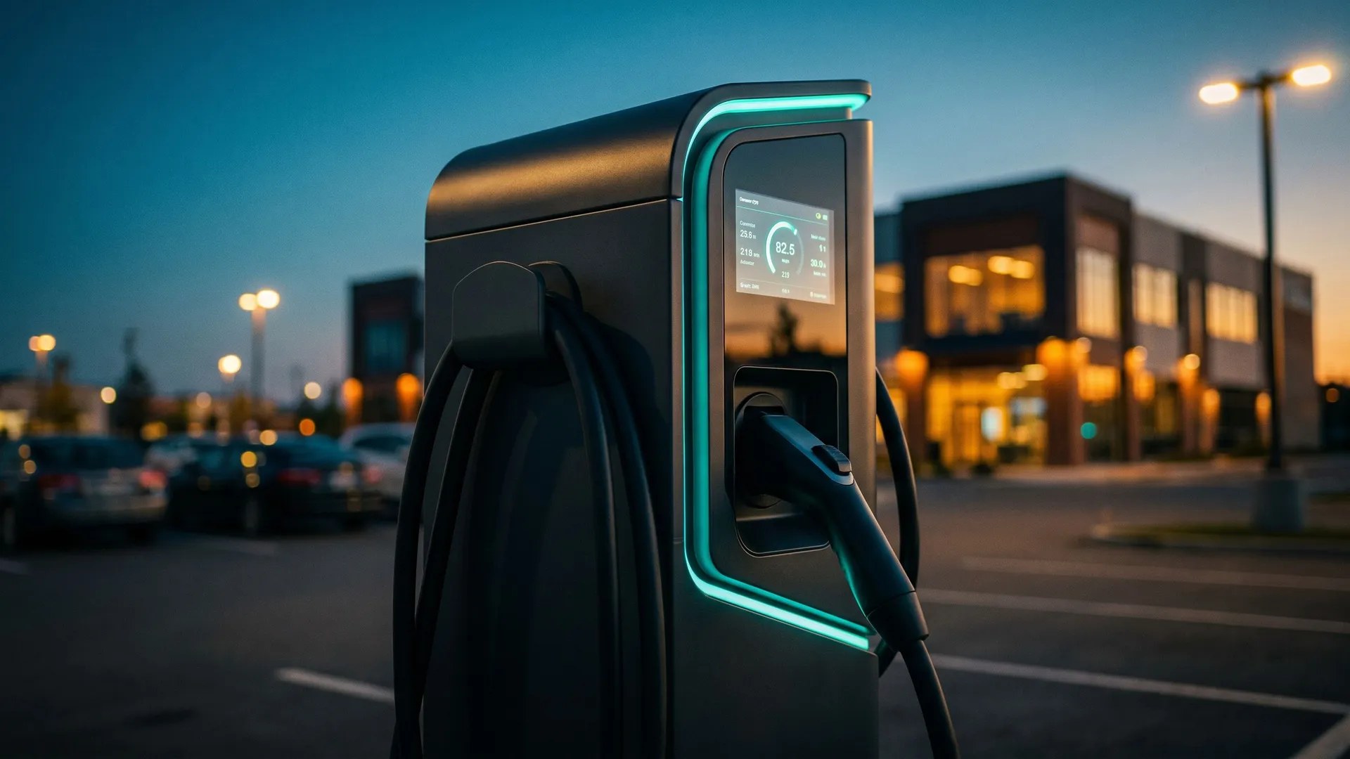 Close-up of a commercial EV charging station with a teal accent light at dusk