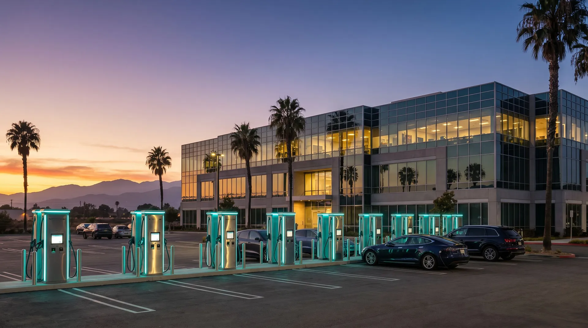 Commercial property at dusk with a row of teal-lit EV charging stations across the parking lot
